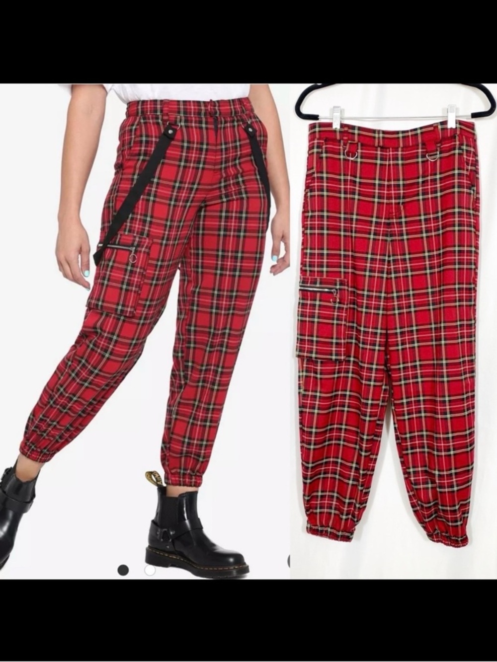 Hot Topic Red Plaid Jogger Cargo Pants Grunge Goth Punk Retro